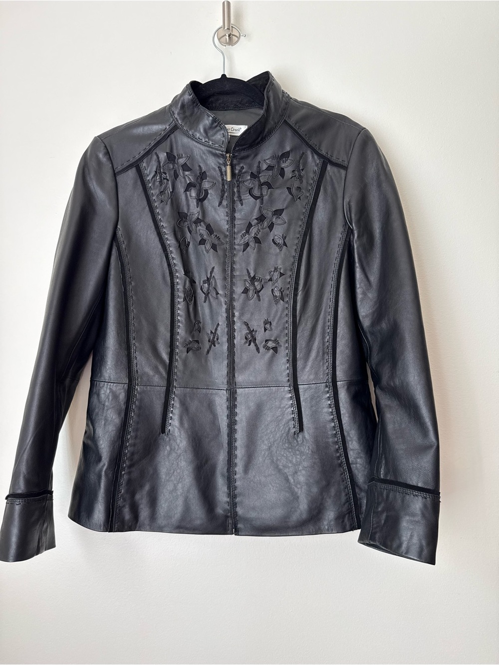 Vintage Y2K 90s Coldwater Creek Black Leather Floral Embroidered Cutout Jacket M